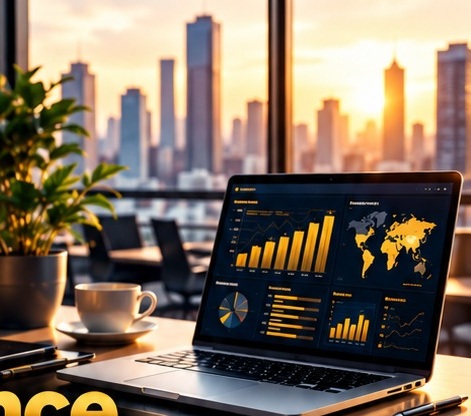 Illustrative office desk with a laptop showing marketing dashboards